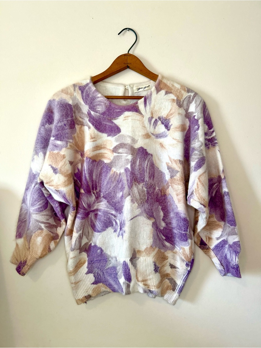 VTG Angora Floral Knit Sweater Fuzzy Abstract Watercolor Cottagecore Slouchy